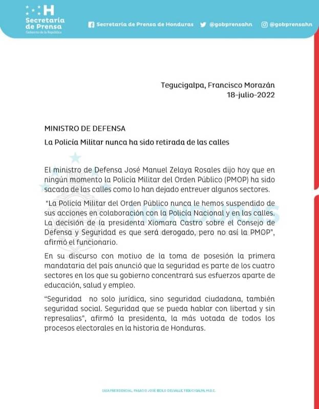 Comunicado de la Secretaría de Prensa