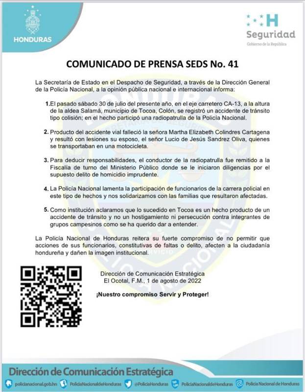 Comunicado de la Policía sobre el accidente.