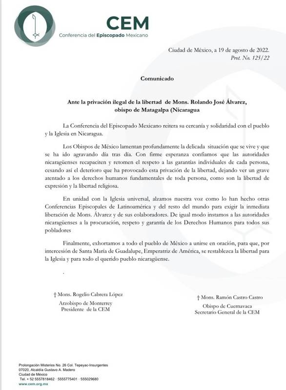Comunicado emitido por la iglesia católica de México.