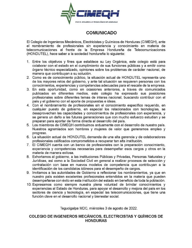 Comunicado ingenieros