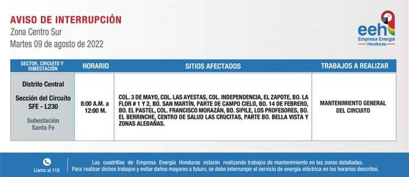 cortes de energía este martes 09 de agosto