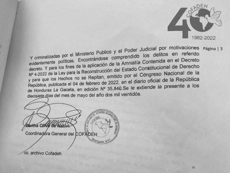 error de COFADEH en amnistía de periodista