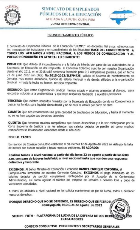 Pronunciamiento de SIEMPE.