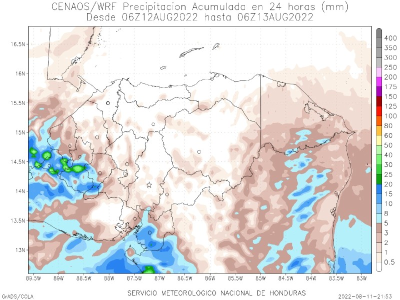 Mapa de lluvias viernes 12 de agosto