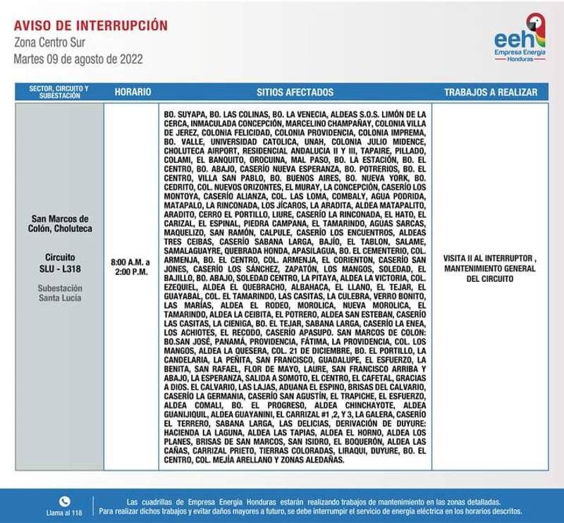 cortes de energía este martes 09 de agosto