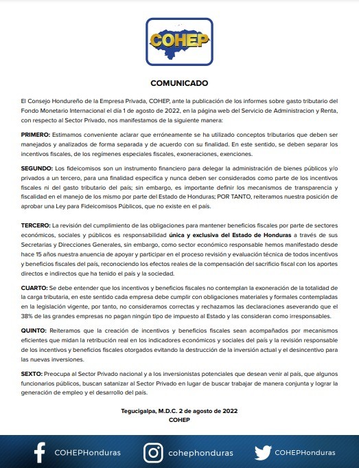 Comunicado del COHEP
