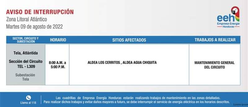 cortes de energía este martes 09 de agosto