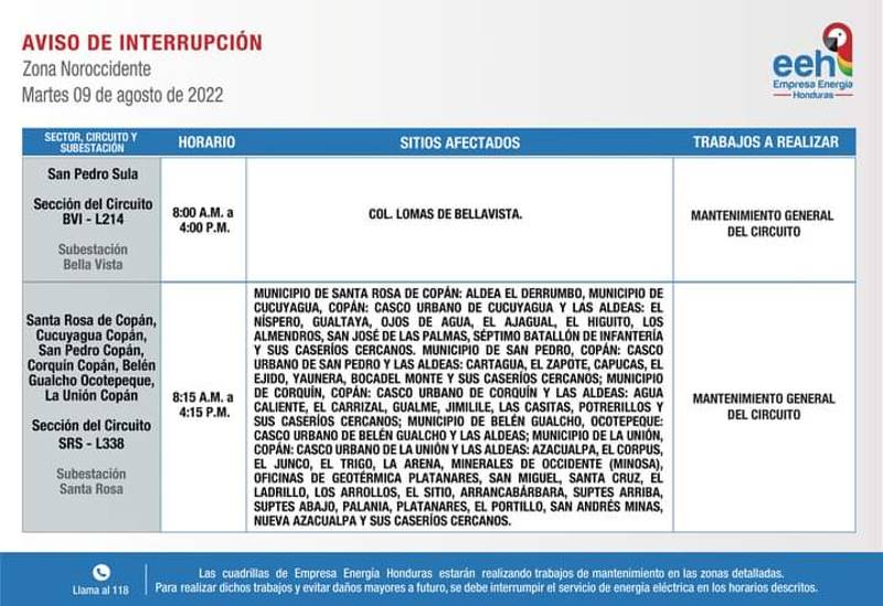 cortes de energía este martes 09 de agosto