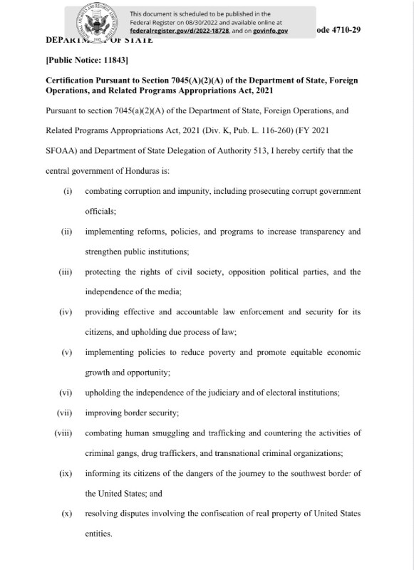 Estados Unidos certificado gobierno de Honduras