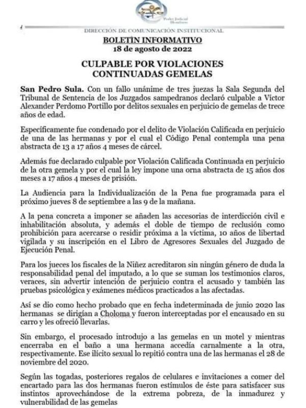 Comunicado compartido por el Poder Judicial (PJ).