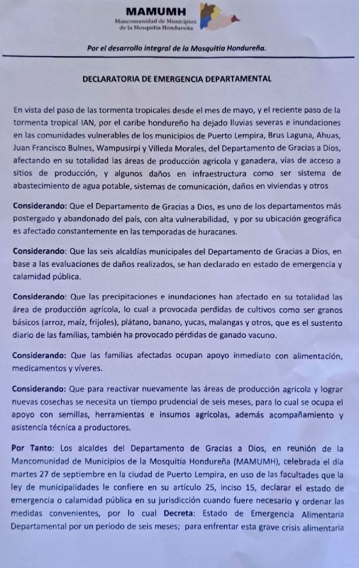 emergencia alimentaria en La Mosquitia