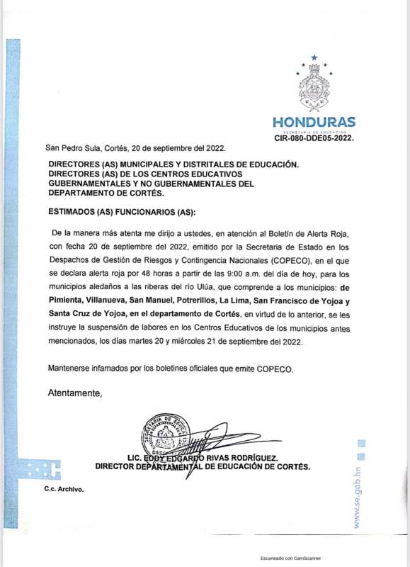 Comunicado de la Dirección Departamental de Educación de Cortés.