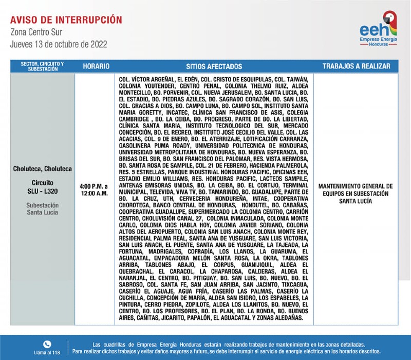 cortes de energía Honduras