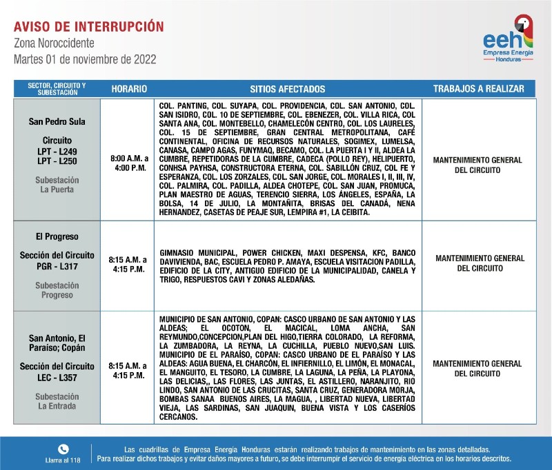 Calendario de cortes de energía EEH