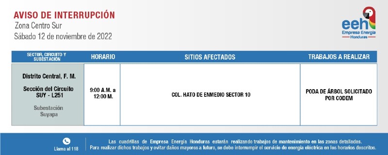 Calendario de cortes de energía