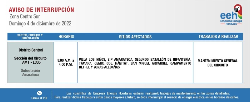 Calendario cortes de energía EEH